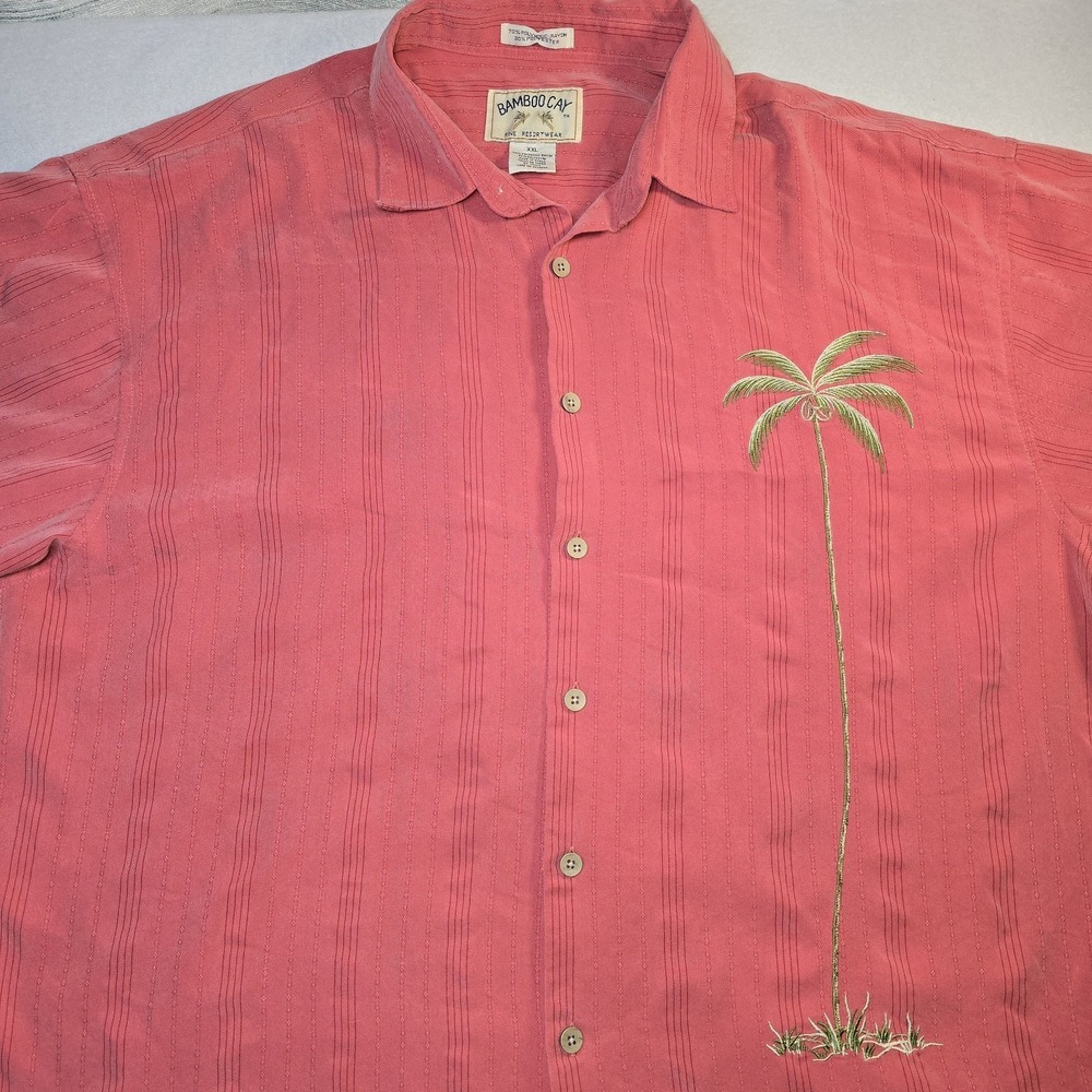 VTG Bamboo Cay Solo Palm Resort Shirt Men XXL Coral Polynosic Silk Blend Y2K....